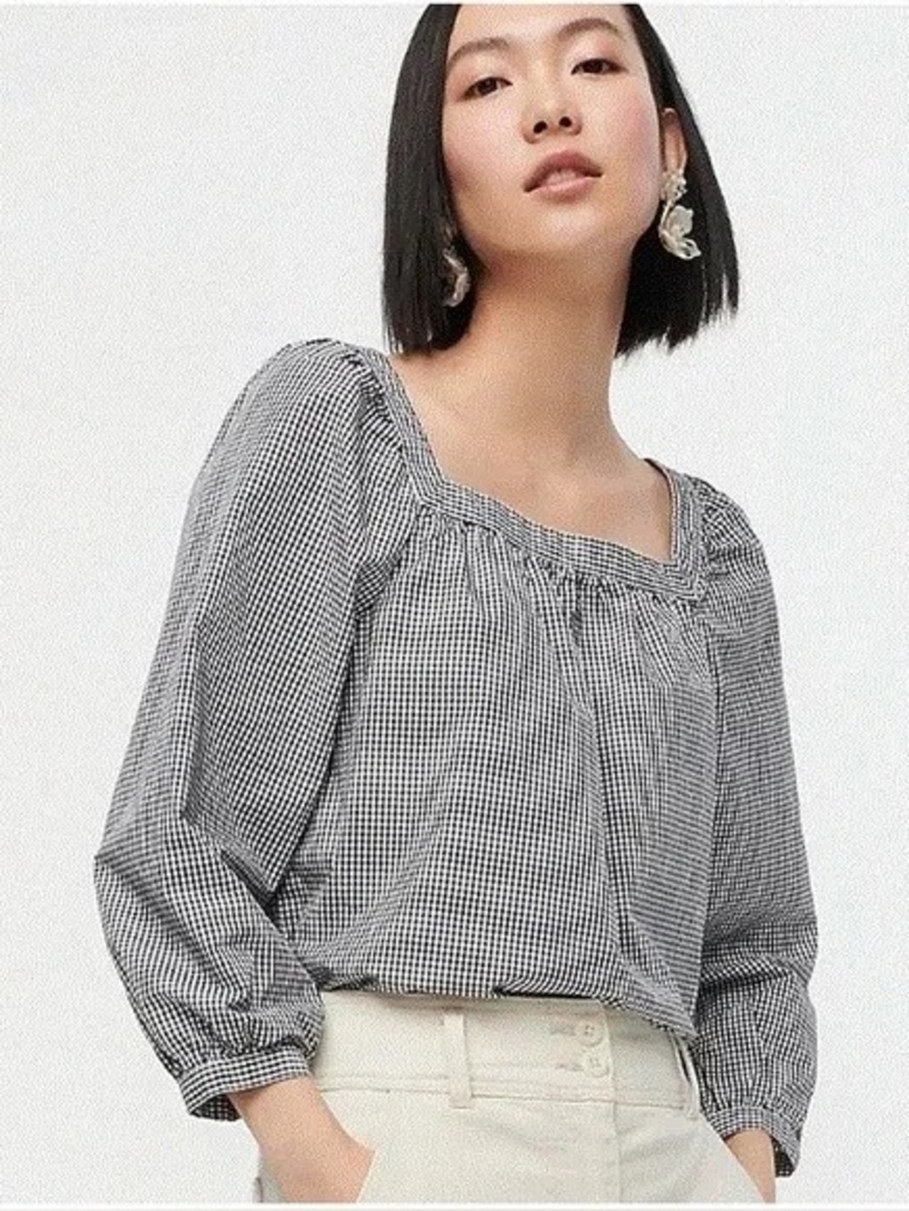 J.Crew Penny Gingham Peasant Top Blouse Square Neck Puff Sleeve Black White